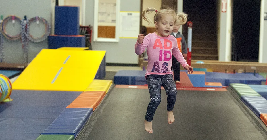 Preschooler on the TumblTrak at EVOLVEkids