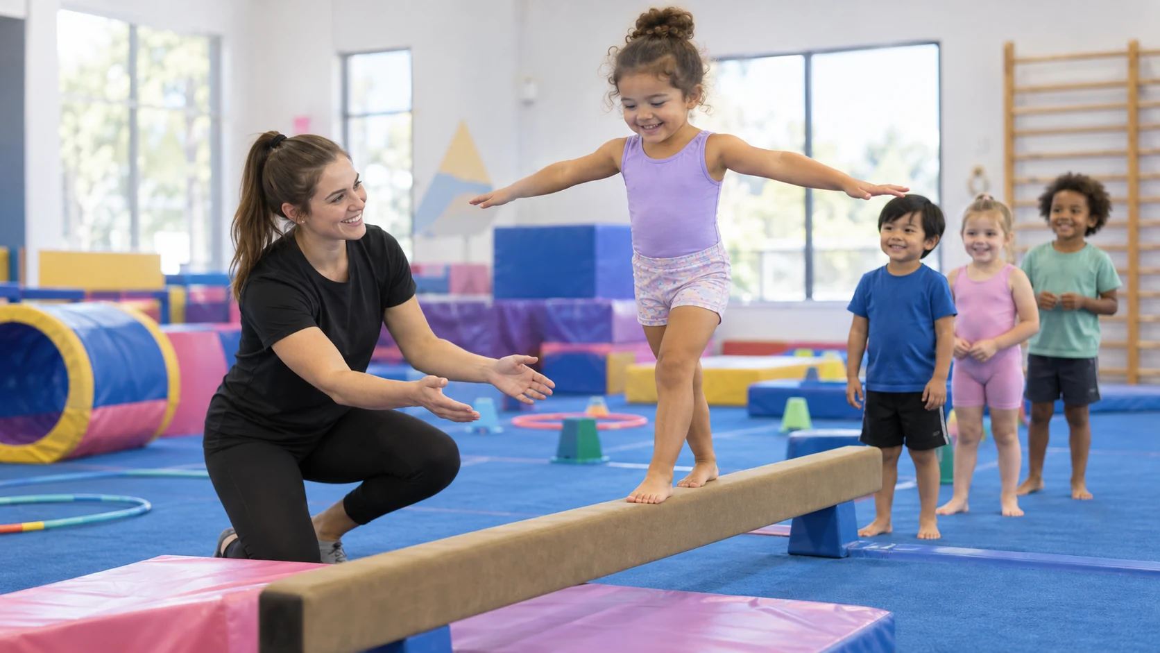 Preschool gymnast balancing on a low beam with her coach